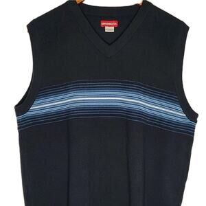 Unionbay Men's V-Neck Sweater Vest Navy Blue White Stripes Vintage Large